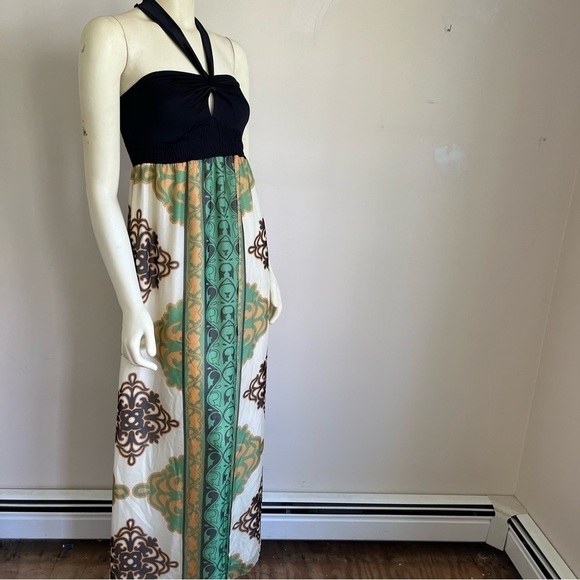 HALE Bob Women’s Gorgeous Printed Silk Halter Maxi Dress Boho Glam Green Brown S - Picture 4 of 13
